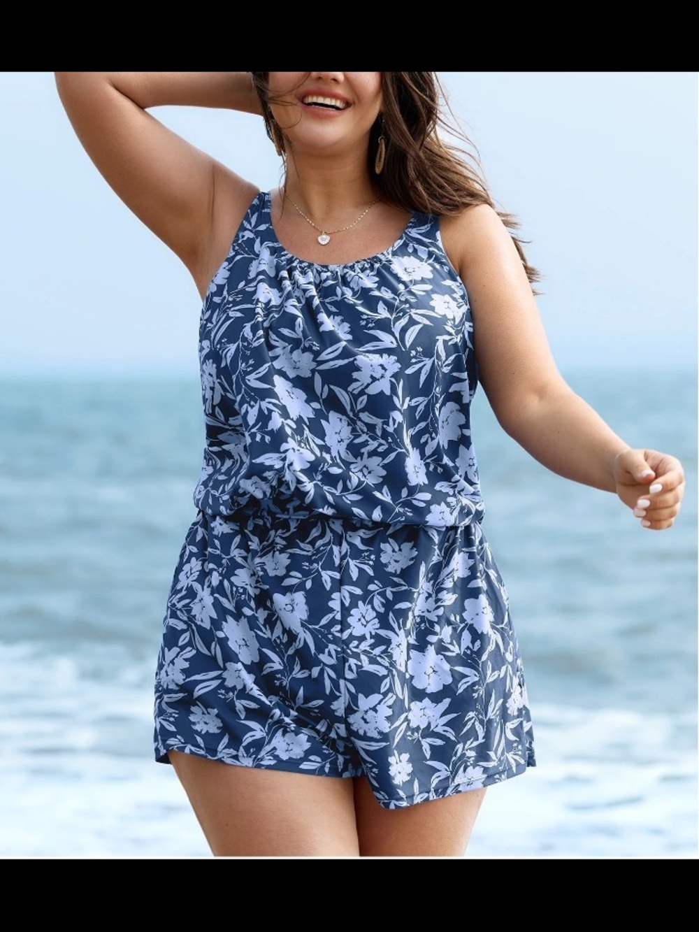 Bloomchic Blue Flower Design One-Piece Swimsuit with Pockets